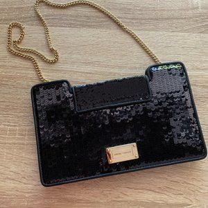 Emperio Armani satin clutch bag with all-over sequins and gold shoulder strap